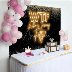 Aperturee - Aperturee Funny 50th Birthday Backdrop for Adult Party WTF Who’s Turning Fifty Banner Black and Gold Glitter Decor