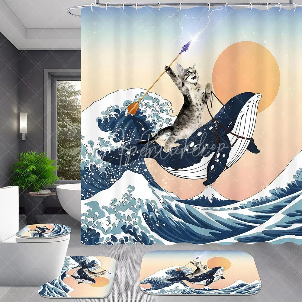 Lofaris Funny Cat Riding Whale Shower Curtain Set 4 Piece Ukiyo-e Great Wave Style Bathroom Decor with Rugs