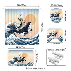 Lofaris Funny Cat Riding Whale Shower Curtain Set 4 Piece Ukiyo-e Great Wave Style Bathroom Decor with Rugs