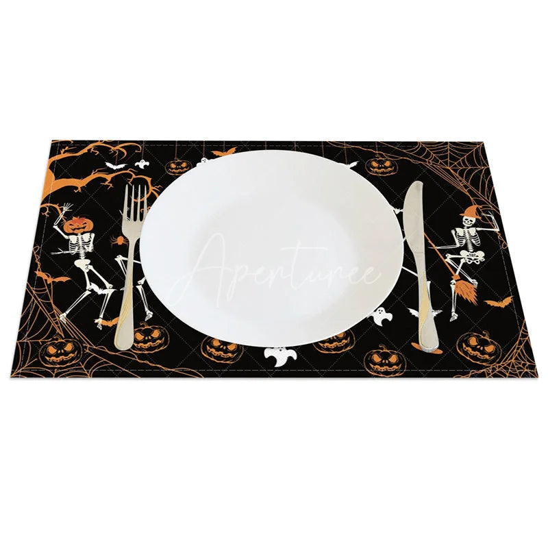 Aperturee - Aperturee Funny Dancing Skeleton and Jack-O’-Lantern Set of 4 Placemats for Spooky and Fun Halloween Decor