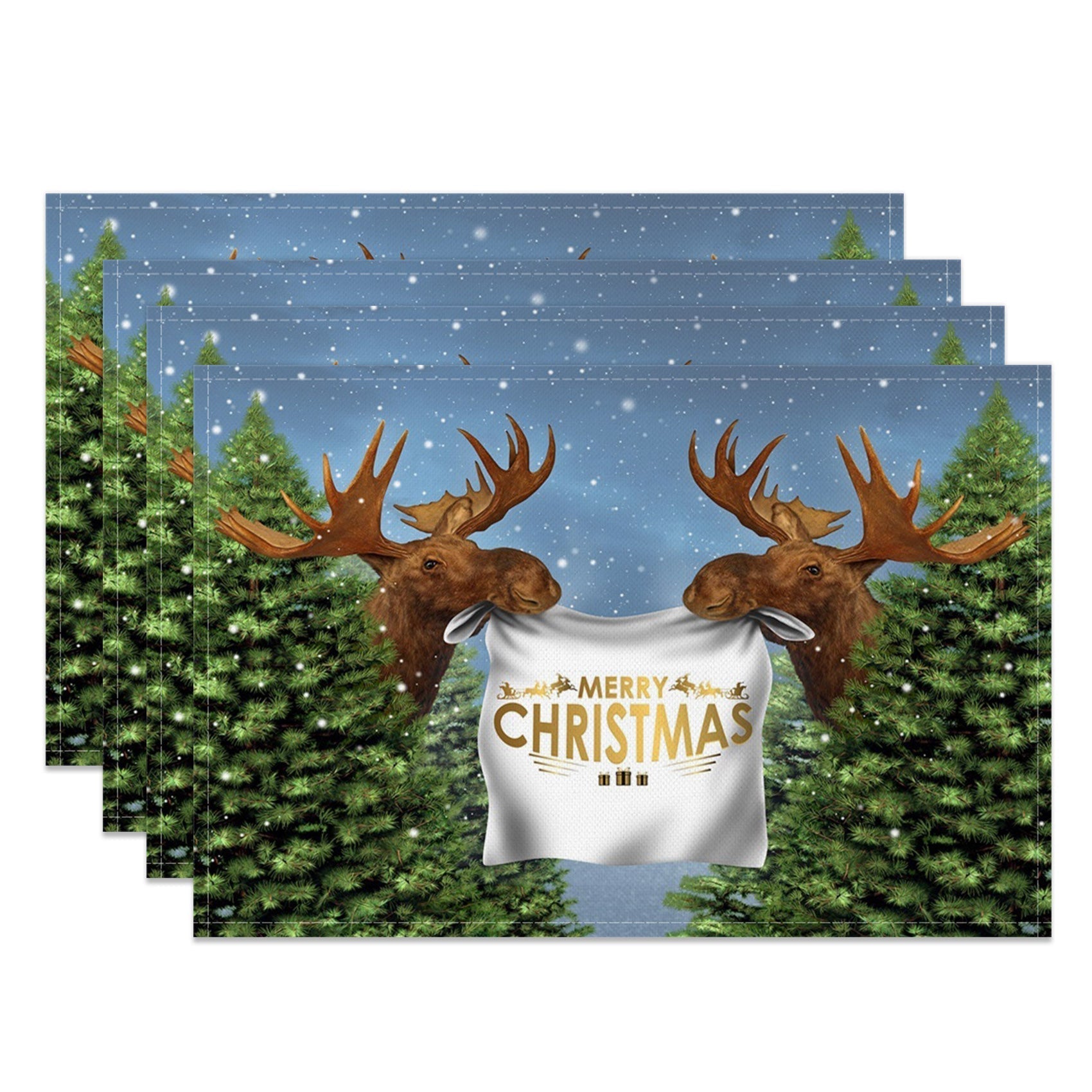 Aperturee - Aperturee Funny Elk Pine Tree Christmas Set Of 4 Placemats