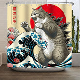 Aperturee - Aperturee Funny Giant Cat Wave Shower Curtain Vintage Japanese Ocean Red Sun Humorous Animal Bathroom Decor