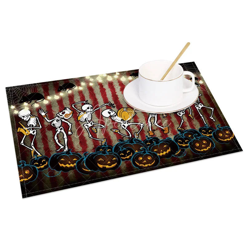 Aperturee - Aperturee Funny Halloween Set of 4 Placemats with Dancing Skeleton Mouse and Spiderweb for Kids Party Decor