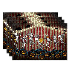 Aperturee - Aperturee Funny Halloween Set of 4 Placemats with Dancing Skeleton Mouse and Spiderweb for Kids Party Decor