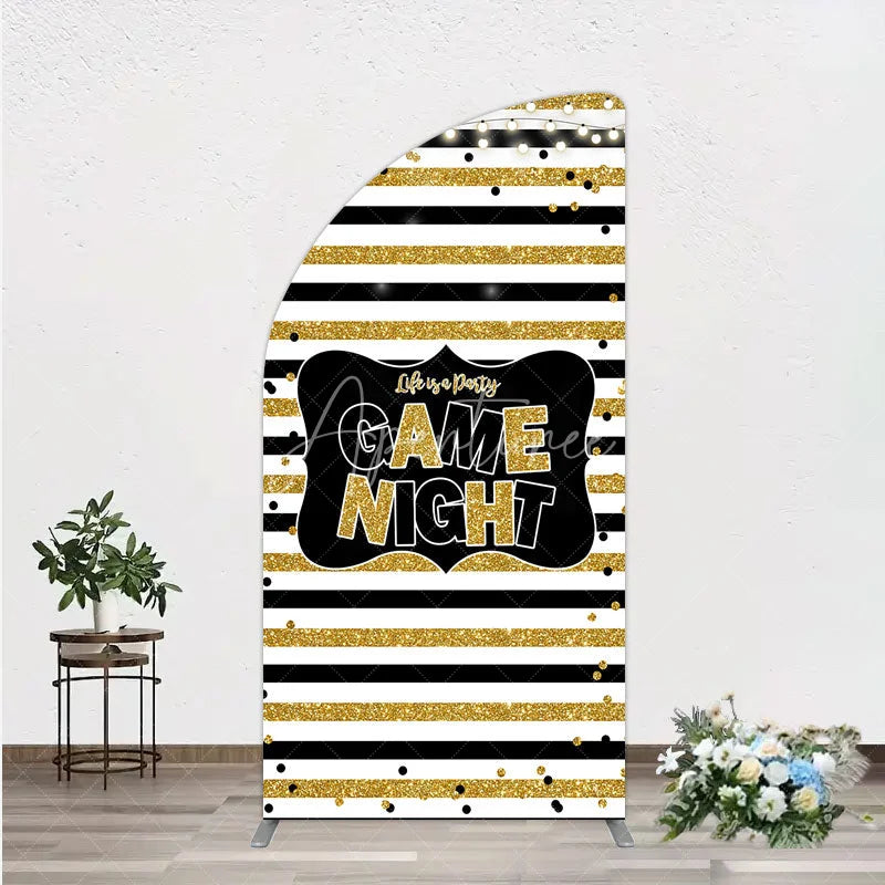 Aperturee - Aperturee Game Night Party Half Moon Arch Backdrop in Black and Gold Glitter Life is a Party Theme Adult Birthday Photo Booth
