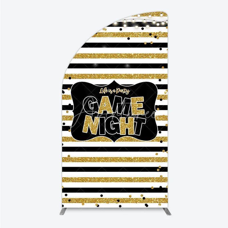 Aperturee - Aperturee Game Night Party Half Moon Arch Backdrop in Black and Gold Glitter Life is a Party Theme Adult Birthday Photo Booth