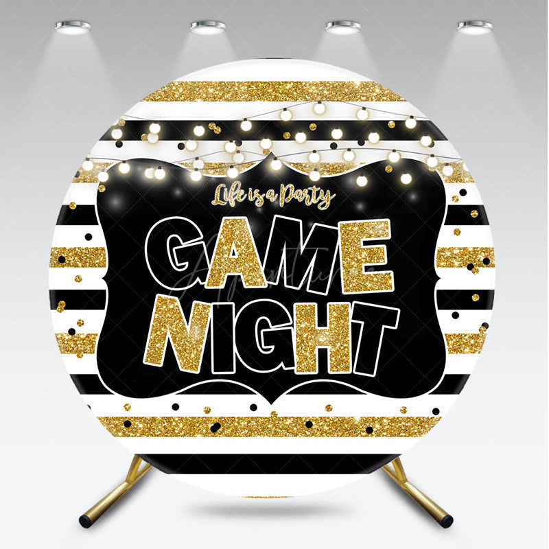 Aperturee - Aperturee Game Night Party Round Backdrop Black and Gold Glitter with String Lights Fun Family or Friends Get Together
