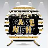 Aperturee - Aperturee Game Night Party Round Backdrop Black and Gold Glitter with String Lights Fun Family or Friends Get Together