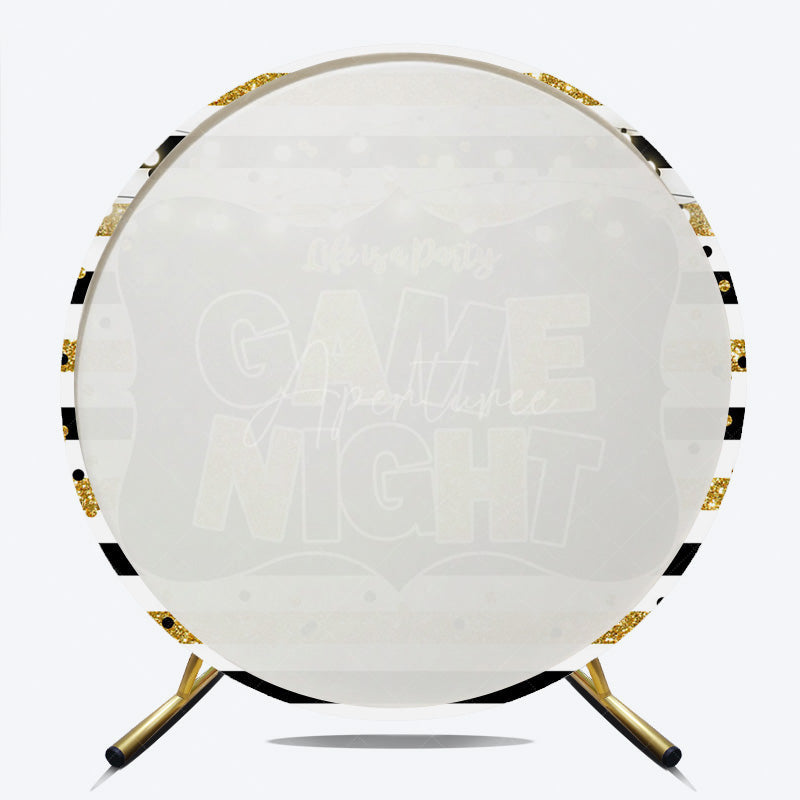 Aperturee - Aperturee Game Night Party Round Backdrop Black and Gold Glitter with String Lights Fun Family or Friends Get Together