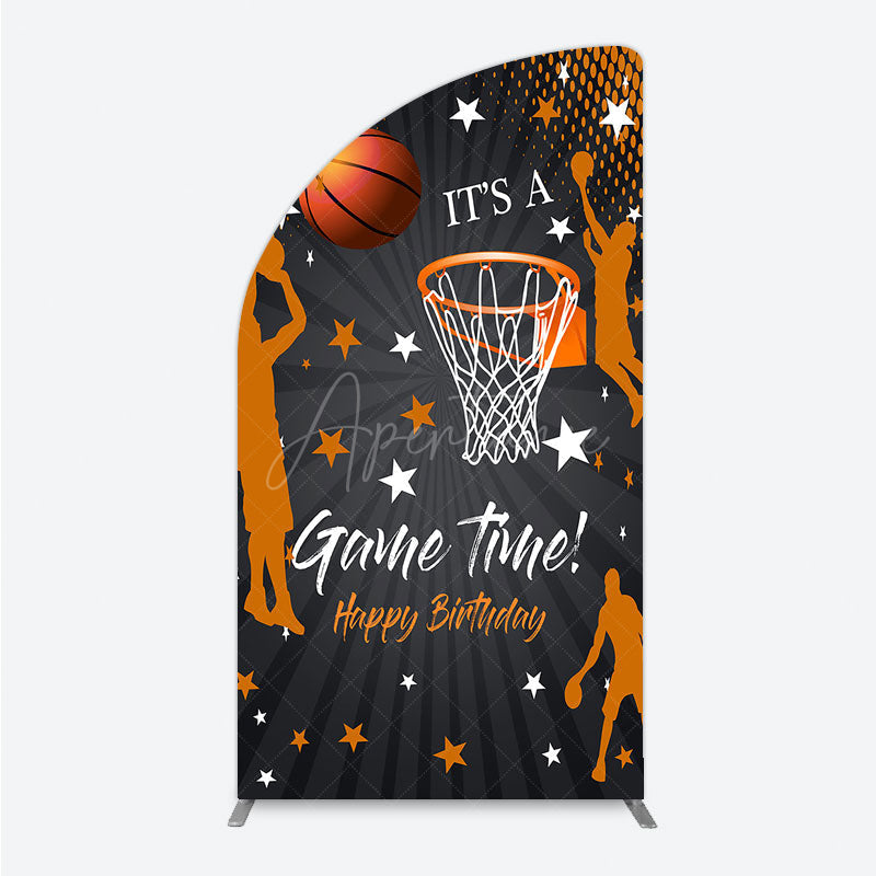 Aperturee - Aperturee Game Time Happy Birthday Half Moon Arch Backdrop Basketball and Hoop Sports Theme Slam Dunk Star Player Party Photo