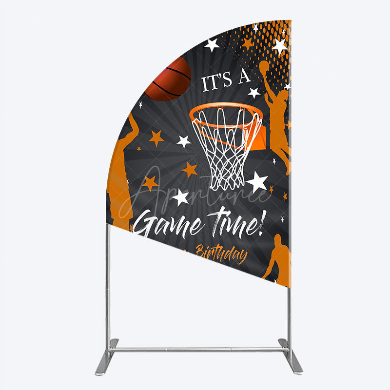 Aperturee - Aperturee Game Time Happy Birthday Half Moon Arch Backdrop Basketball and Hoop Sports Theme Slam Dunk Star Player Party Photo