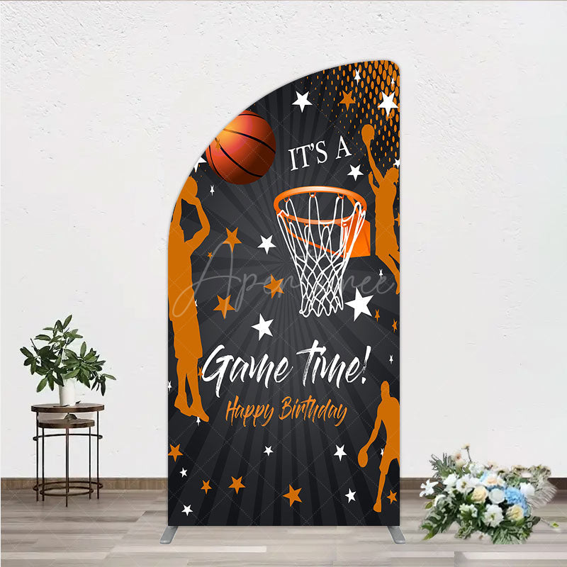 Aperturee - Aperturee Game Time Happy Birthday Half Moon Arch Backdrop Basketball and Hoop Sports Theme Slam Dunk Star Player Party Photo
