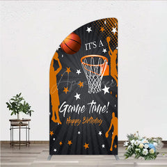 Aperturee - Aperturee Game Time Happy Birthday Half Moon Arch Backdrop Basketball and Hoop Sports Theme Slam Dunk Star Player Party Photo