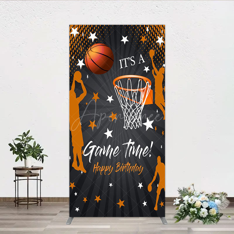Aperturee - Aperturee Game Time Happy Birthday Rectangle Backdrop Basketball and Hoop Sports Theme Slam Dunk Star Player Party Photo Prop