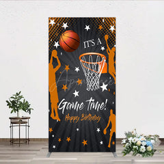 Aperturee - Aperturee Game Time Happy Birthday Rectangle Backdrop Basketball and Hoop Sports Theme Slam Dunk Star Player Party Photo Prop