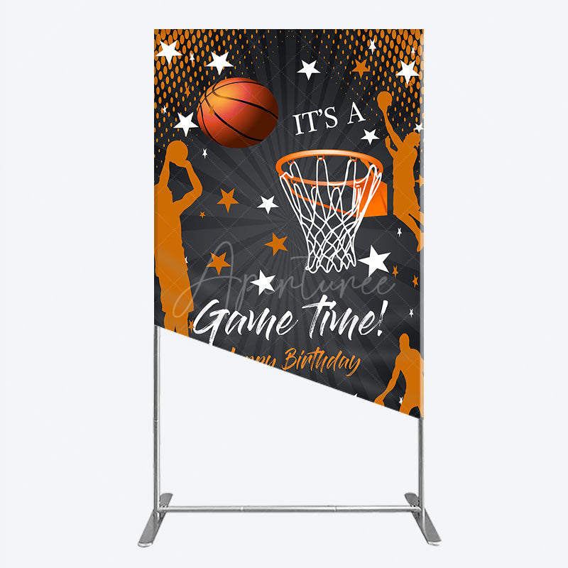 Aperturee - Aperturee Game Time Happy Birthday Rectangle Backdrop Basketball and Hoop Sports Theme Slam Dunk Star Player Party Photo Prop