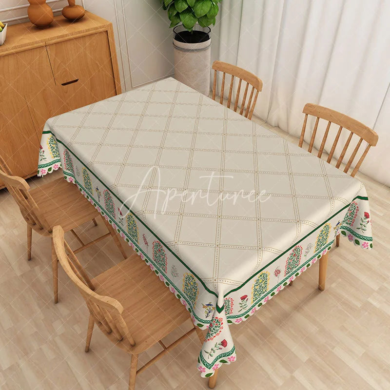 Aperturee - Aperturee Garden Border Rectangle Tablecloth Beige Diamond Pattern Dining Table Cloth Decor