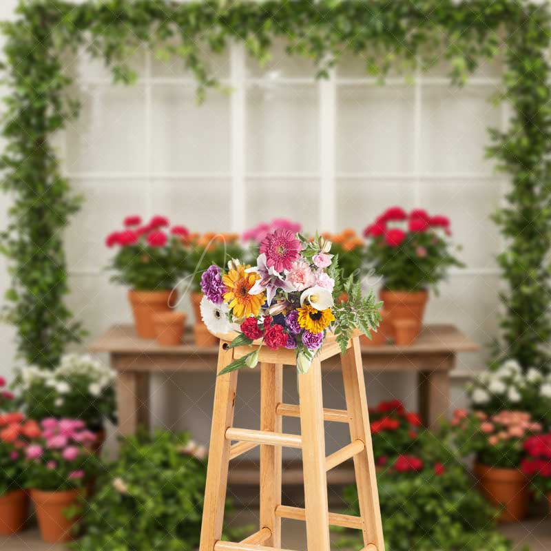 Aperturee Aperturee Garden Greenhouse Potting Station Backdrop Potted Geraniums and Ivy Spring Floral Photography Background Prop
