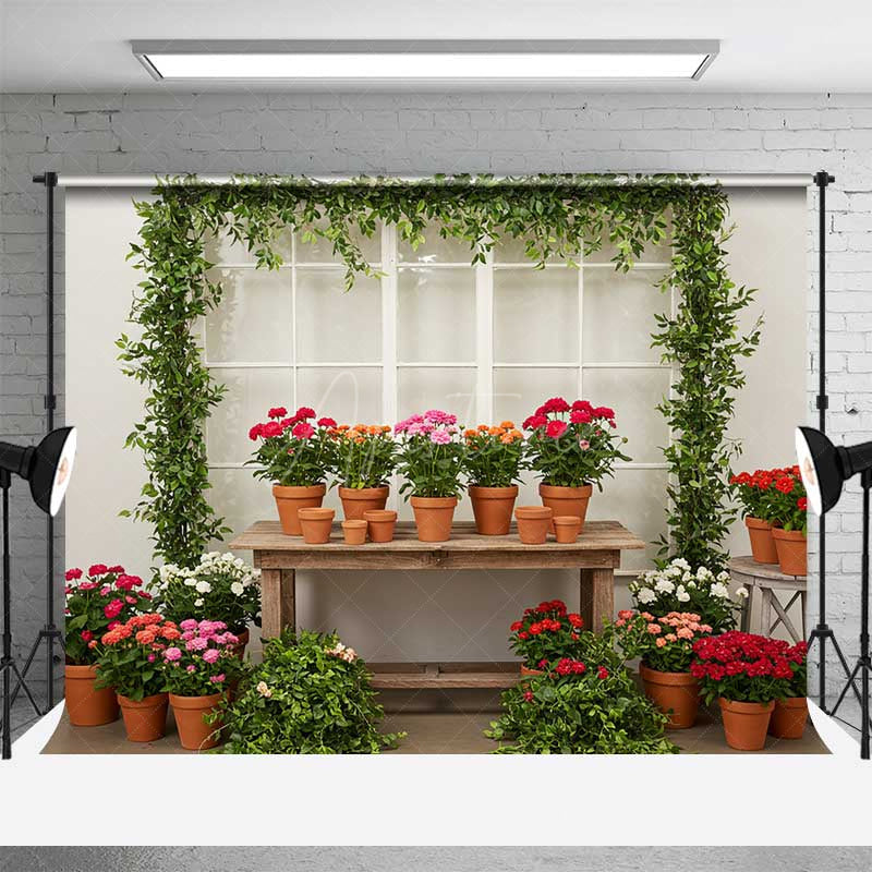 Aperturee Aperturee Garden Greenhouse Potting Station Backdrop Potted Geraniums and Ivy Spring Floral Photography Background Prop