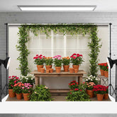 Aperturee Aperturee Garden Greenhouse Potting Station Backdrop Potted Geraniums and Ivy Spring Floral Photography Background Prop
