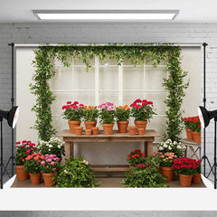 Aperturee Aperturee Garden Greenhouse Potting Station Backdrop Potted Geraniums and Ivy Spring Floral Photography Background Prop