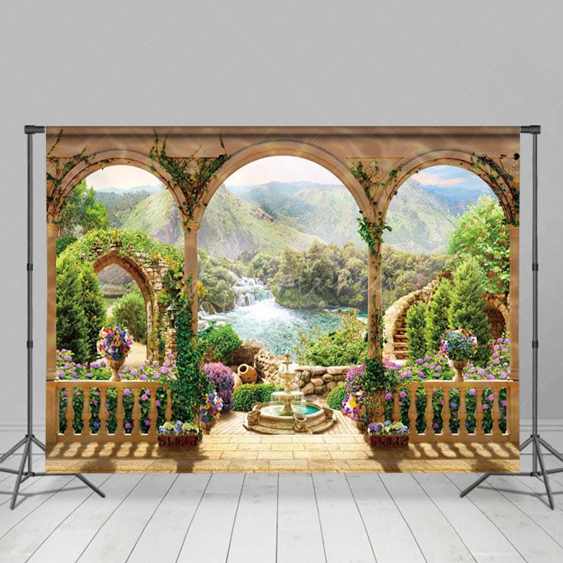 Aperturee - Aperturee Garden Manor Floral Mountain Photography Backdrop