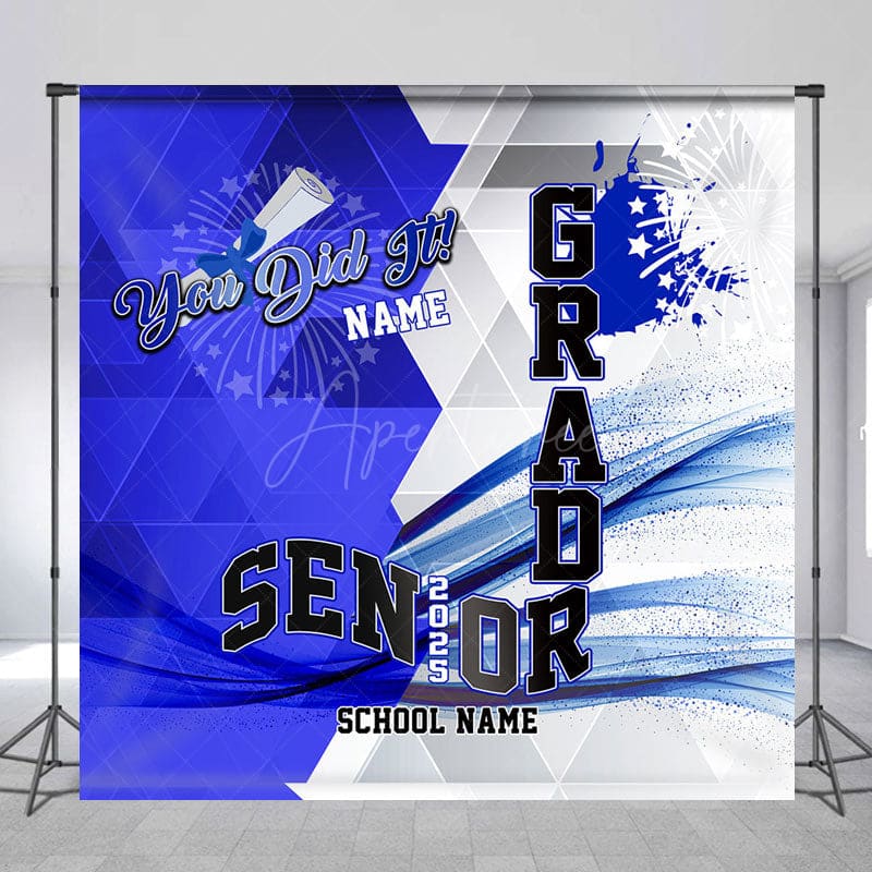 Aperturee - Aperturee Geometric Blue White Senior 2025 Custom Grad Backdrop