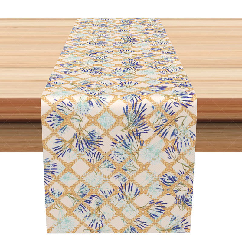 Aperturee - Aperturee Geometric Floral Table Runner with Blue and Purple Rhombus Pattern for Modern and Elegant Dining Decor