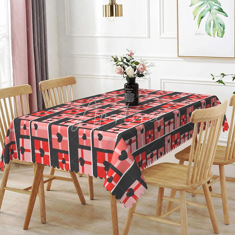 Aperturee - Aperturee Geometric Heart Gift Box Rectangle Tablecloth Red and Pink Squares on Black Modern Valentine Plaid Dining Decor