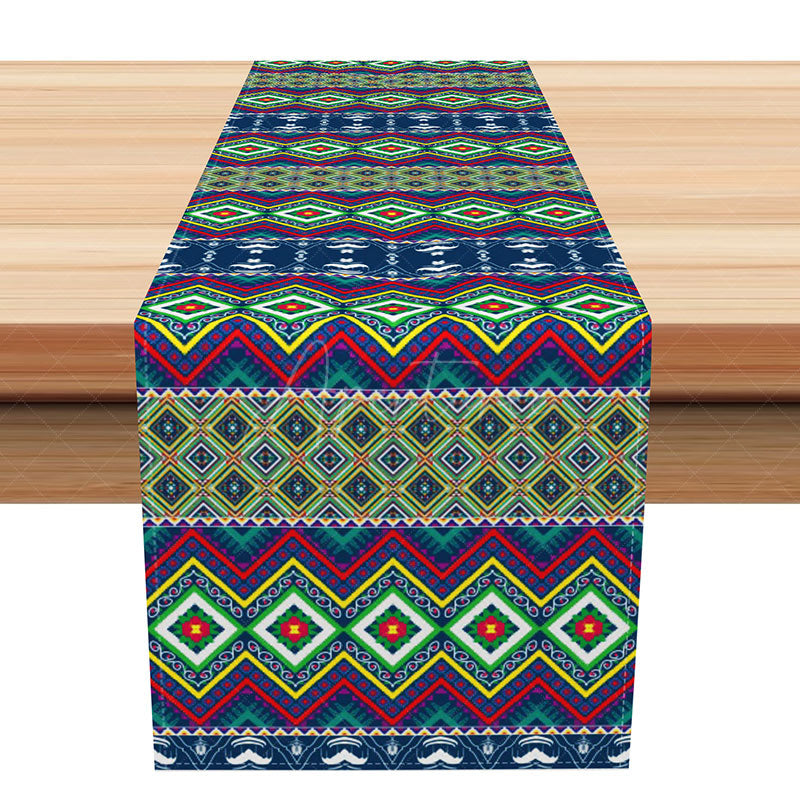 Aperturee - Aperturee Geometric Tribal Table Runner in Green Modern Southwest Pattern for Kitchen and Dining Table Decor