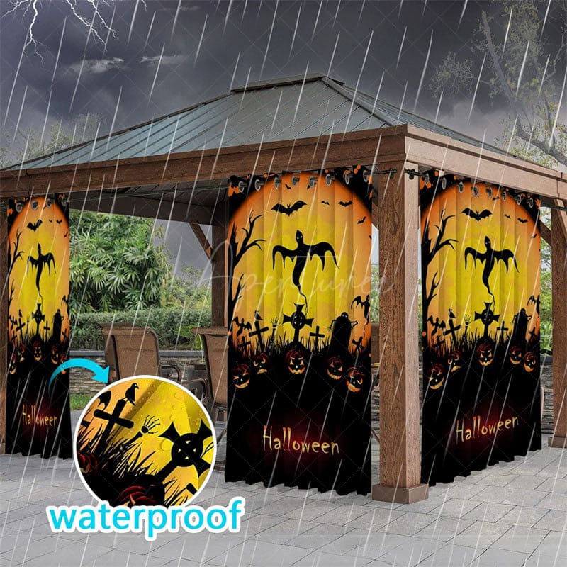 Aperturee - Aperturee Ghost Grave Bats Waterproof Printed Outdoor Curtains