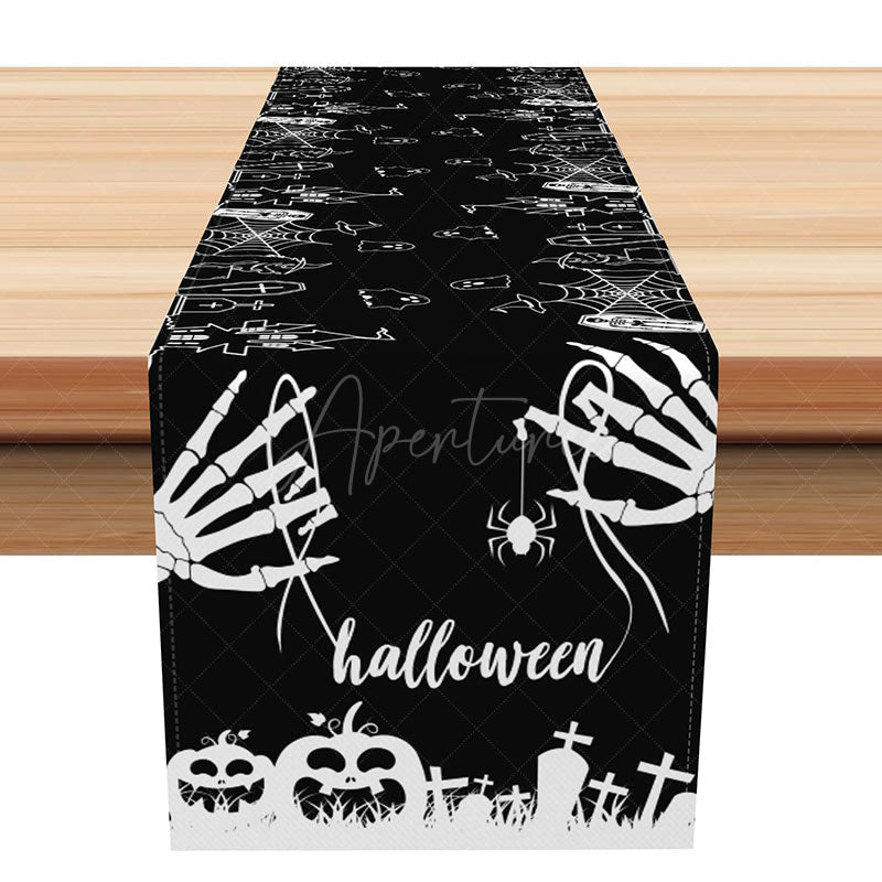 Aperturee - Aperturee Ghost in a Cemetery Halloween Table Runner Spooky Graveyard Decor with a Full Moon Haunted Holiday Party