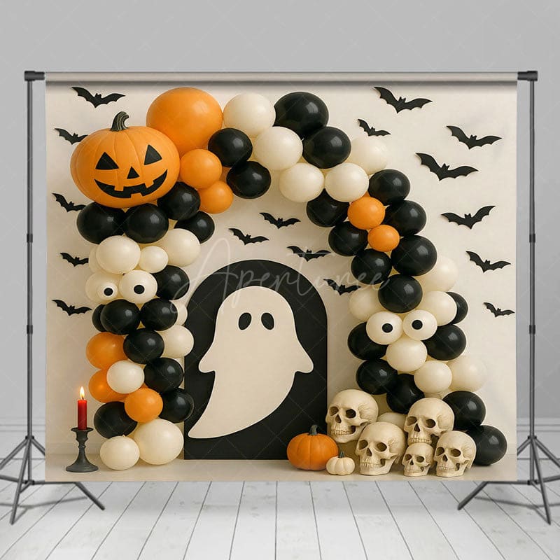 Aperturee - Aperturee Ghostly Skeletons Balloon Arch Halloween Backdrop