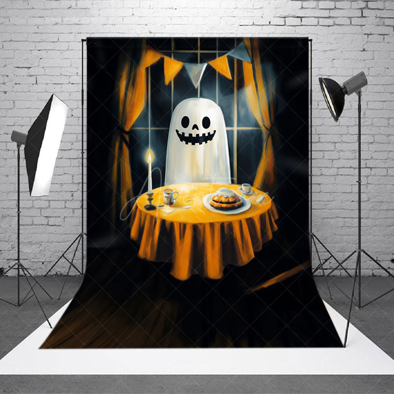Aperturee Aperturee Ghost’s Dinner Date Halloween Photography Backdrop Spooky Phantom at a Candlelit Table Fine Art Themed Decor
