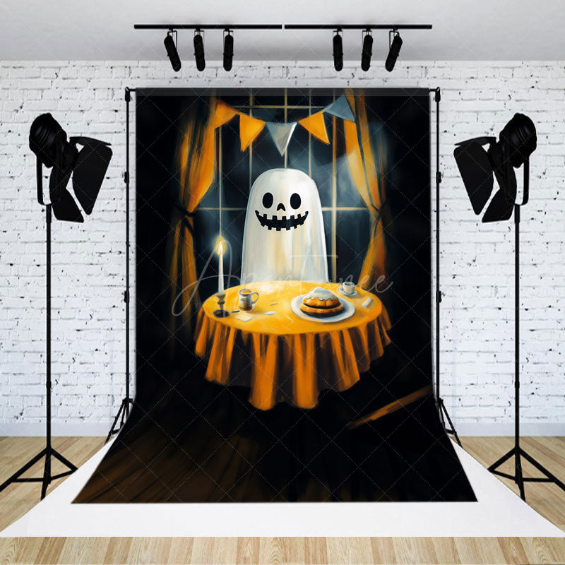 Aperturee Aperturee Ghost’s Dinner Date Halloween Photography Backdrop Spooky Phantom at a Candlelit Table Fine Art Themed Decor