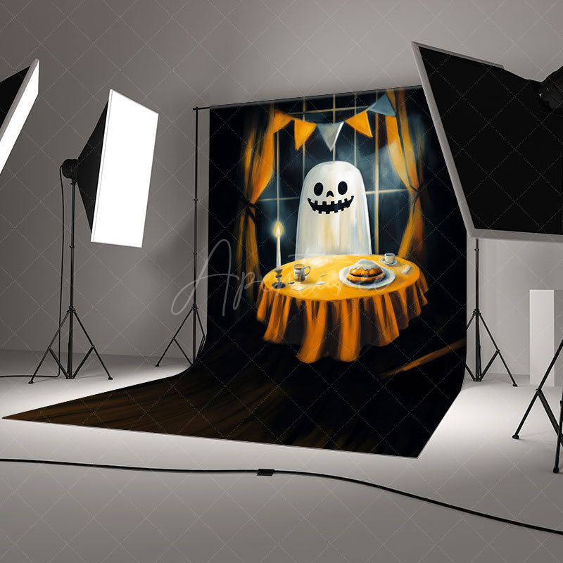 Aperturee Aperturee Ghost’s Dinner Date Halloween Photography Backdrop Spooky Phantom at a Candlelit Table Fine Art Themed Decor