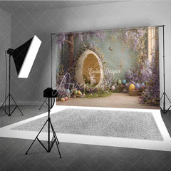 Aperturee - Aperturee Giant Eggshell White Bunny Easter Photography Backdrop Purple Floral and Butterflies Studio Background