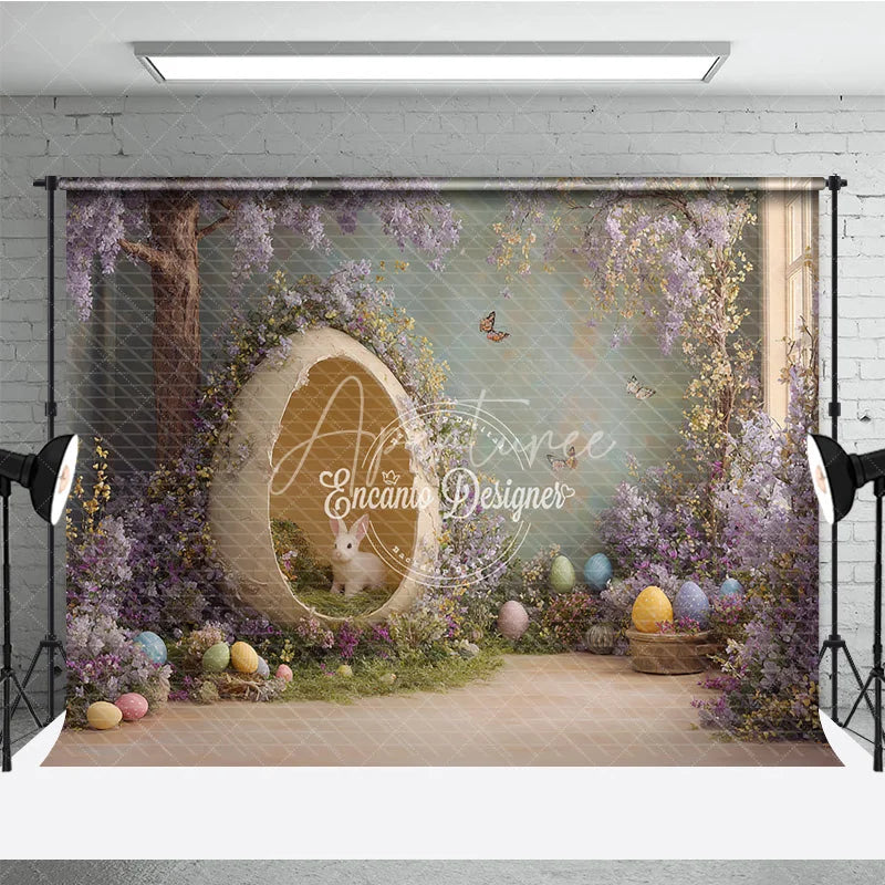 Aperturee - Aperturee Giant Eggshell White Bunny Easter Photography Backdrop Purple Floral and Butterflies Studio Background