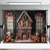 Aperturee - Aperturee Gingerbread House Bear Bow Christmas Photo Backdrop