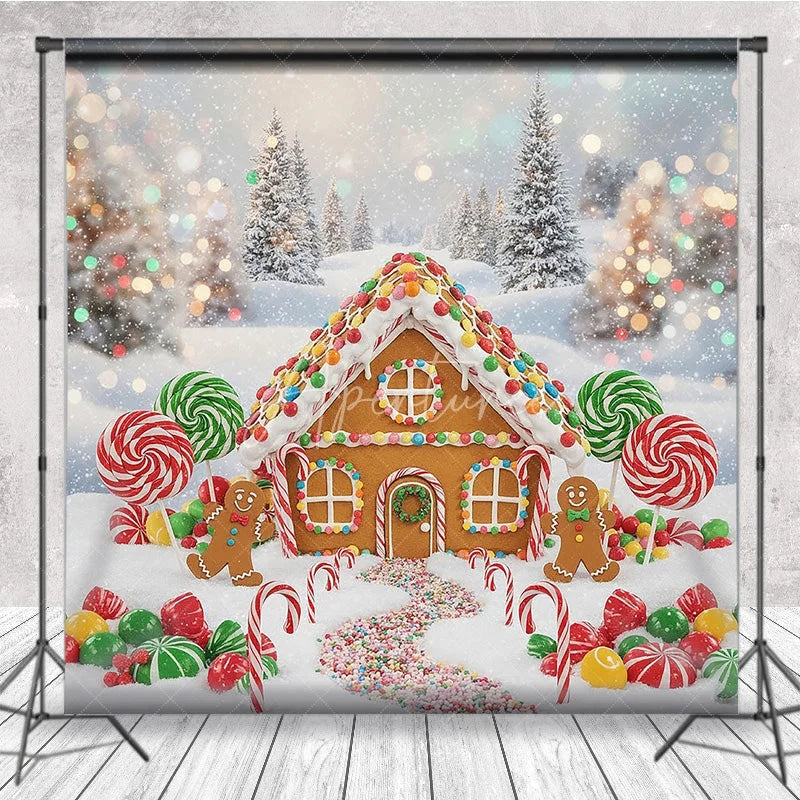 Aperturee - Aperturee Gingerbread House Christmas Backdrop Candy Land Winter Snow Background Sweet Lollipops Holiday Party Decoration