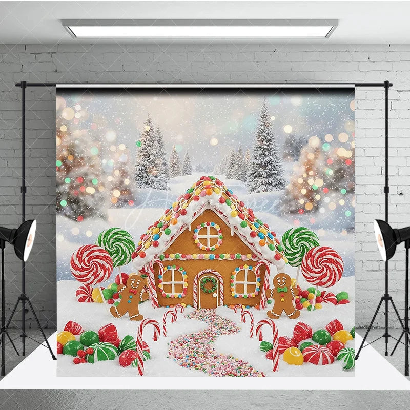 Aperturee - Aperturee Gingerbread House Christmas Backdrop Candy Land Winter Snow Background Sweet Lollipops Holiday Party Decoration