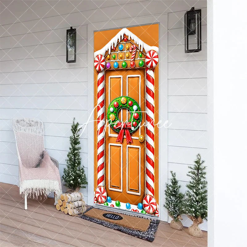 Aperturee - Aperturee Gingerbread House Christmas Door Cover with Holiday Wreath and Candy Canes Festive Winter Party Decoration