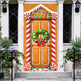 Aperturee - Aperturee Gingerbread House Christmas Door Cover with Holiday Wreath and Candy Canes Festive Winter Party Decoration