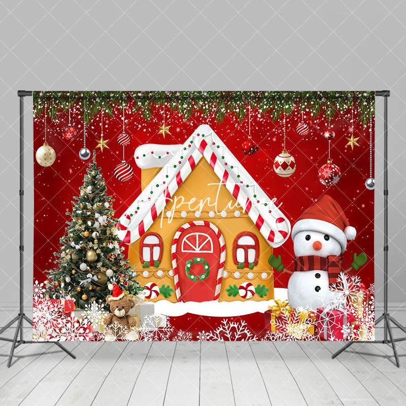 Aperturee - Aperturee Gingerbread House Snowflake Red Christmas Backdrop