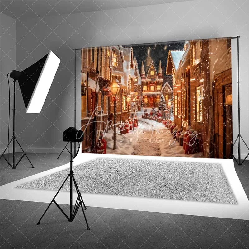 Aperturee - Aperturee Gingerbread Village Backdrop Christmas Candy House Snowy Street Fantasy Town Photo Background