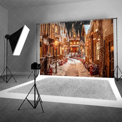 Aperturee - Aperturee Gingerbread Village Backdrop Christmas Candy House Snowy Street Fantasy Town Photo Background