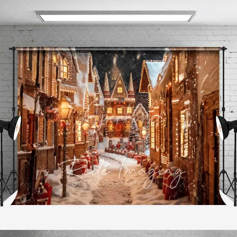 Aperturee - Aperturee Gingerbread Village Backdrop Christmas Candy House Snowy Street Fantasy Town Photo Background