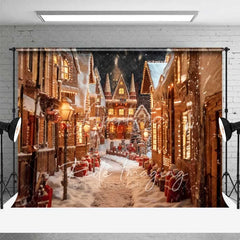 Aperturee - Aperturee Gingerbread Village Backdrop Christmas Candy House Snowy Street Fantasy Town Photo Background