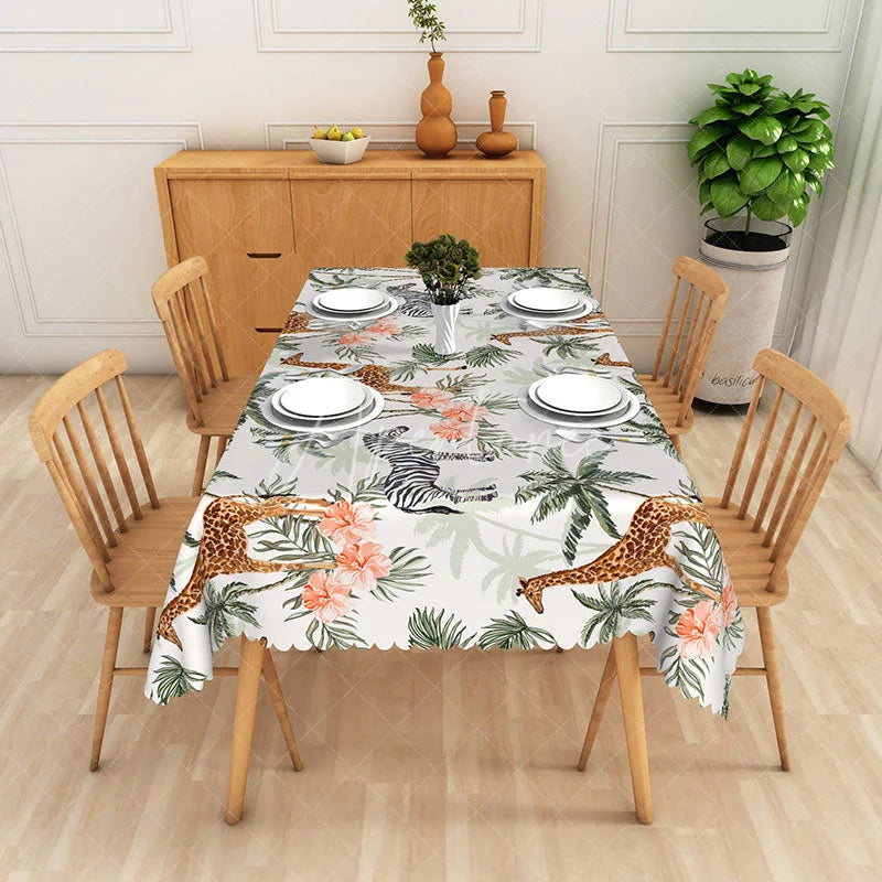 Aperturee - Aperturee Giraffe and Zebra Safari Rectangle Tablecloth Tropical Palm Trees and Peach Flowers Table Cover Jungle Decor