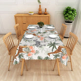 Aperturee - Aperturee Giraffe and Zebra Safari Rectangle Tablecloth Tropical Palm Trees and Peach Flowers Table Cover Jungle Decor